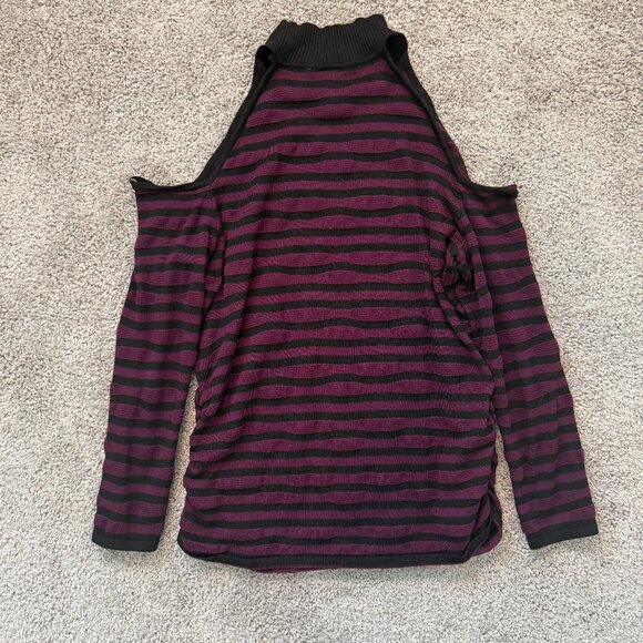Torrid Sweater Black Purple Striped Pullover Mock Neck Cold Shoulder Ruche Sz 2 - Picture 1 of 5